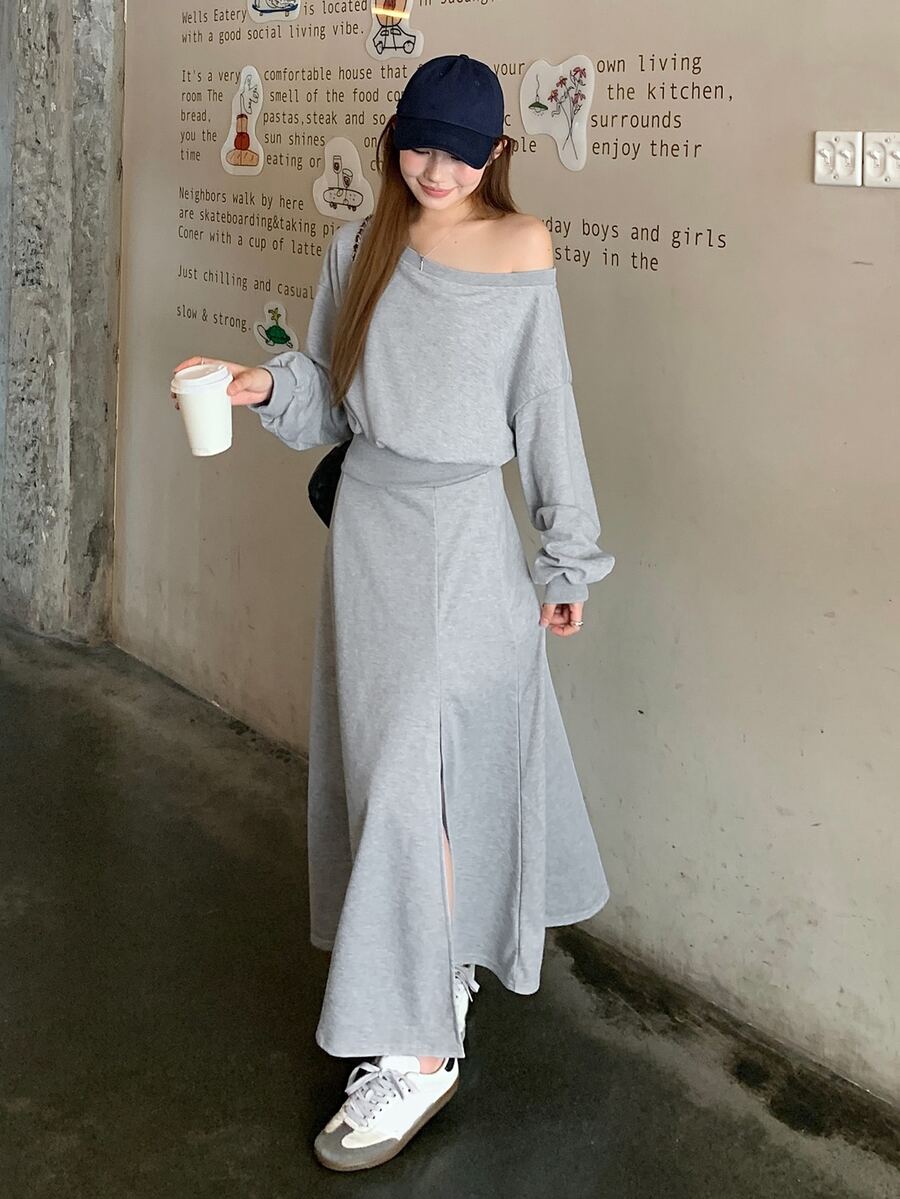DAZY Women's Asymmetric Shoulder Casual Solid Color Long Sleeve Sweatshirt And Skirt 2 Pieces Set, Korean Style Fall - Grey - View 1