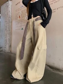 DAZY Celana Jeans Denim Kasual Kotak-kotak Wanita dengan Saku untuk Musim Gugur - Khaki - View 4