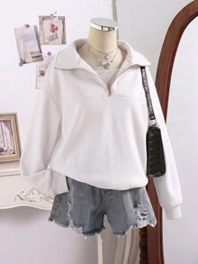 SHEIN 青少年女孩純色休閒百搭日常穿著長袖運動衫 - 白色 - 查看 5