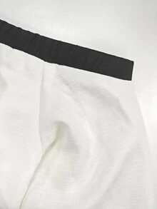 SHEIN 對比色不對稱單肩領高開衩燈籠袖休閒秋季女款長洋裝 - 米色 - 查看 4