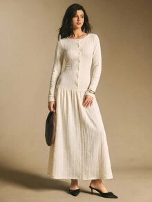 Poéselle 女款純色圓領長袖單排扣休閒洋裝 - 白色 - 查看 6