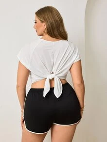 Easithlete Women's Plus Size Solid Color Raglan Short Sleeve Back Knot Sports T-Shirt - White - View 6