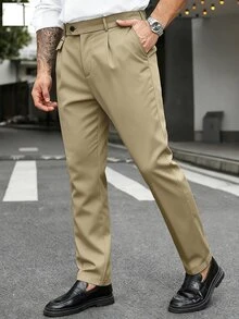 Manfinity Mode Men's Plus Size Minimalist Button Pocket Dress Pants, Business Office - Khaki - View 4