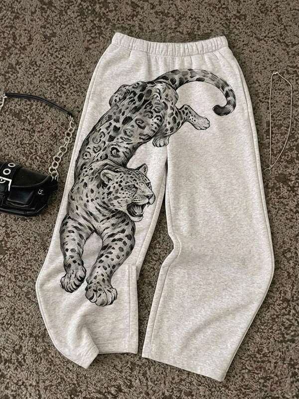 INAWLY Cool Leopard Print Elastic Waist Wide Leg Sweatpants, Heather Gray Loose Drapey Casual Home Outdoor Sports Long Pants