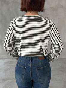 Dazy Plus Fashion Striped Loose Cuff Patchwork Ruffle Bell Sleeve Spring/Autumn New T-Shirt - Black and White - View 2