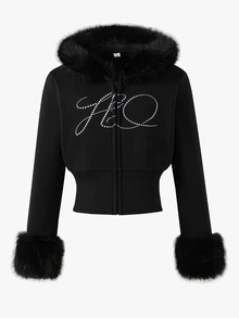SHEIN 1件青少年女孩Y2K甜酷風運動衫外套，長袖，抓絨，秋季服飾，日常街頭穿搭，校園通勤，派對穿著 - 黑色 - 查看 5