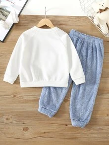 SHEIN 2pcs Young Boys Baby Boy Cartoon Animal Pattern Knitted Soft Crew Neck Long Sleeve Pullover Sweatshirt And Sweatpants Set,First Day Of School - Multicolor - View 2