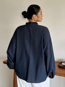 Dazy Plus Solid Color Casual Lantern Sleeve Small Stand Collar Loose Fit Fun Commute Spring Autumn New Long Sleeve Blouse - Navy Blue - View 2