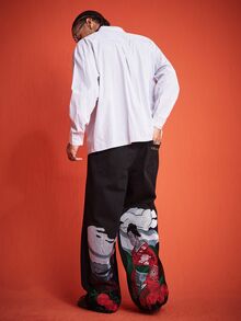 ROMWE MEN Street Life 男士休閒水洗刺繡寬腿牛仔褲 - 黑色 - 查看 3