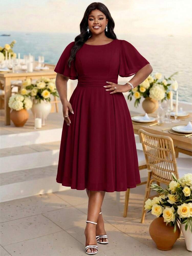 Fleurora Plus Size Women Solid Color Round Neck Pleated Casual Elegant Party Wedding Formal Dress Wedding Burgundy Summer - Burgundy - View 4