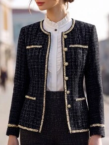 LUMIGAL Women's Autumn/Winter Long Sleeve Colorblock Patchwork Lace Trim Tweed Fashion Elegant Jacket - Black - View 6