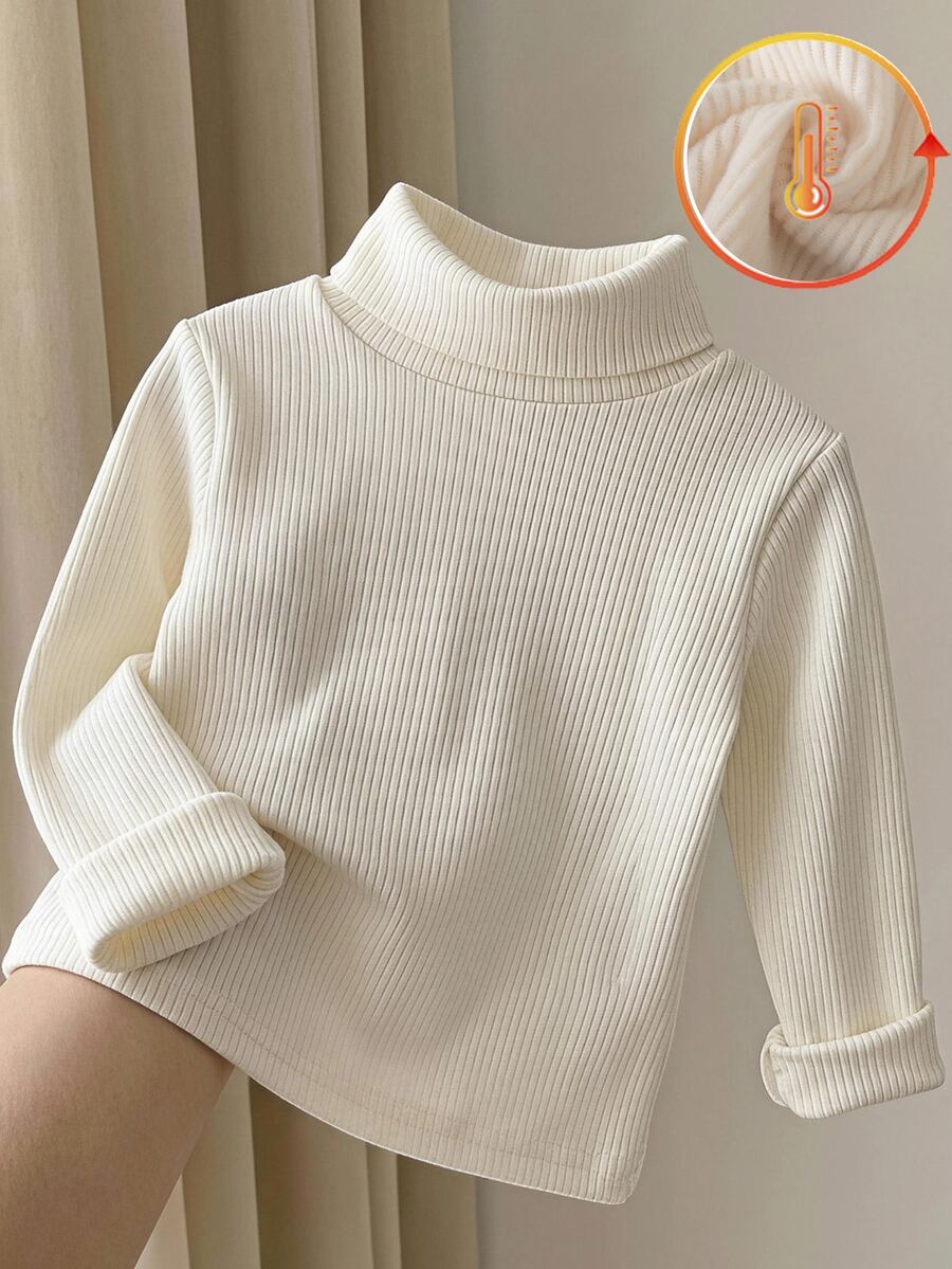 SHEIN 女嬰休閒百搭針織保暖內裡高領套頭上衣 - 白色 - 查看 1