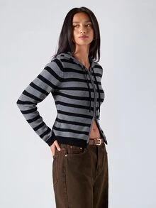 LYSMO Women's Striped Colorblock Drawstring Hooded Cardigan - Dark Grey - View 4