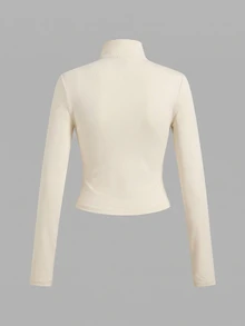 SHEIN EZwear 休閒極簡風 3 件組 黑色/棕色/米色 針織拉鍊長袖女款 T-shirt，適合秋冬穿著 - 彩色 - 查看 5