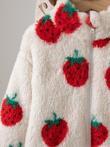 Baby Girl Cute Strawberry Print Teddy Fleece Zip Up Stand Collar Long Sleeve Warm Jacket, Toddler Casual Fall Winter Outerwear - White - View 3