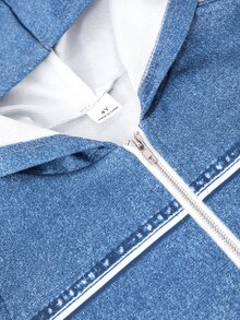 SHEIN 男童 2 件套運動衫套裝，秋冬長袖連帽褲裝套裝，白色印花拉鍊式，適合日常、生日、花童穿著、學校與運動 - 藍色 - 查看 4