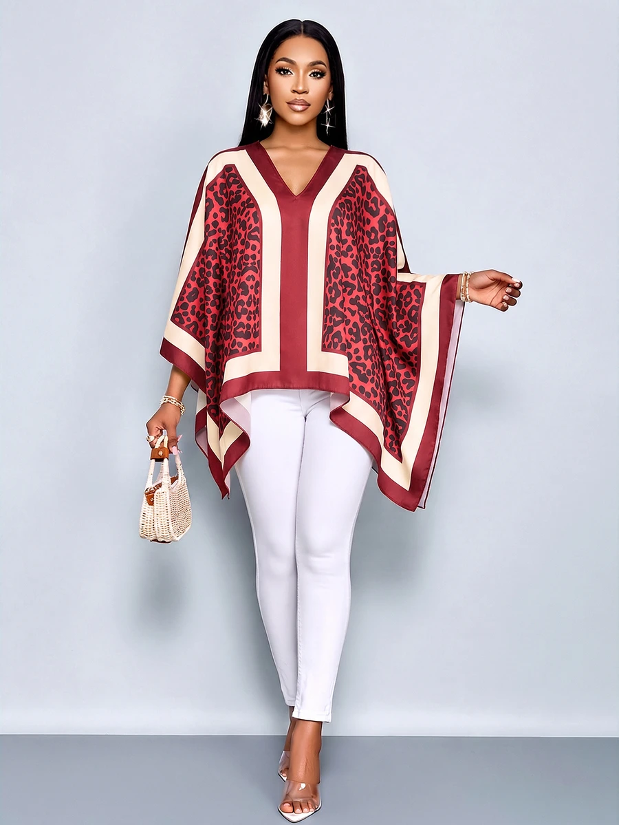 SOLERSUN Women's Leopard Print V-Neck Batwing Sleeve Loose Blouse - Red - View 1