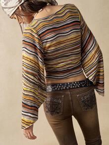 Bohemela Women's Vintage Brown Striped V-Neck T-Shirt With Split Flared Sleeves For Fall, Perfect For Vacations And Going Out - Multicolor - View 9