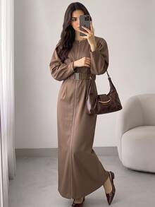 Solavon Women's Solid Color Long Sleeve Zipper Front Casual Long Dress - Coffee Brown - View 4