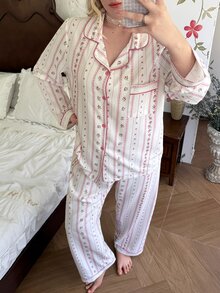 CottageSlumber Set Piyama Santai Ukuran Plus dengan Motif Kerut Gelembung, Model Kemeja, dan Kancing Depan - Baby Pink - View 4