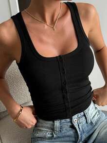 DAZY Women's Solid Color Square Neck Single-Breasted Fitted Casual Tank Top - Black - View 5