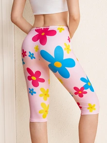 LOONEY TUNES X SHEIN Women's Floral Print Contrast Lace 3/4 Length Leggings - Baby Pink - View 2