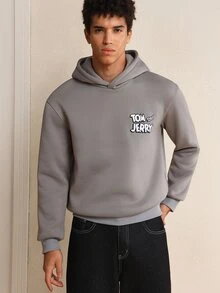 TOM & JERRY X SHEIN Men's Cartoon Letter Embroidered Hoodie - Army Green - View 4