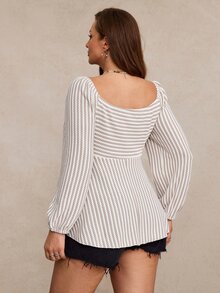Freevana Striped TieFront Knit Top With Flared Hem Long Puff Sleeves, Flirty Tunic For Vacation Casual Wear Fall - Khaki - View 2