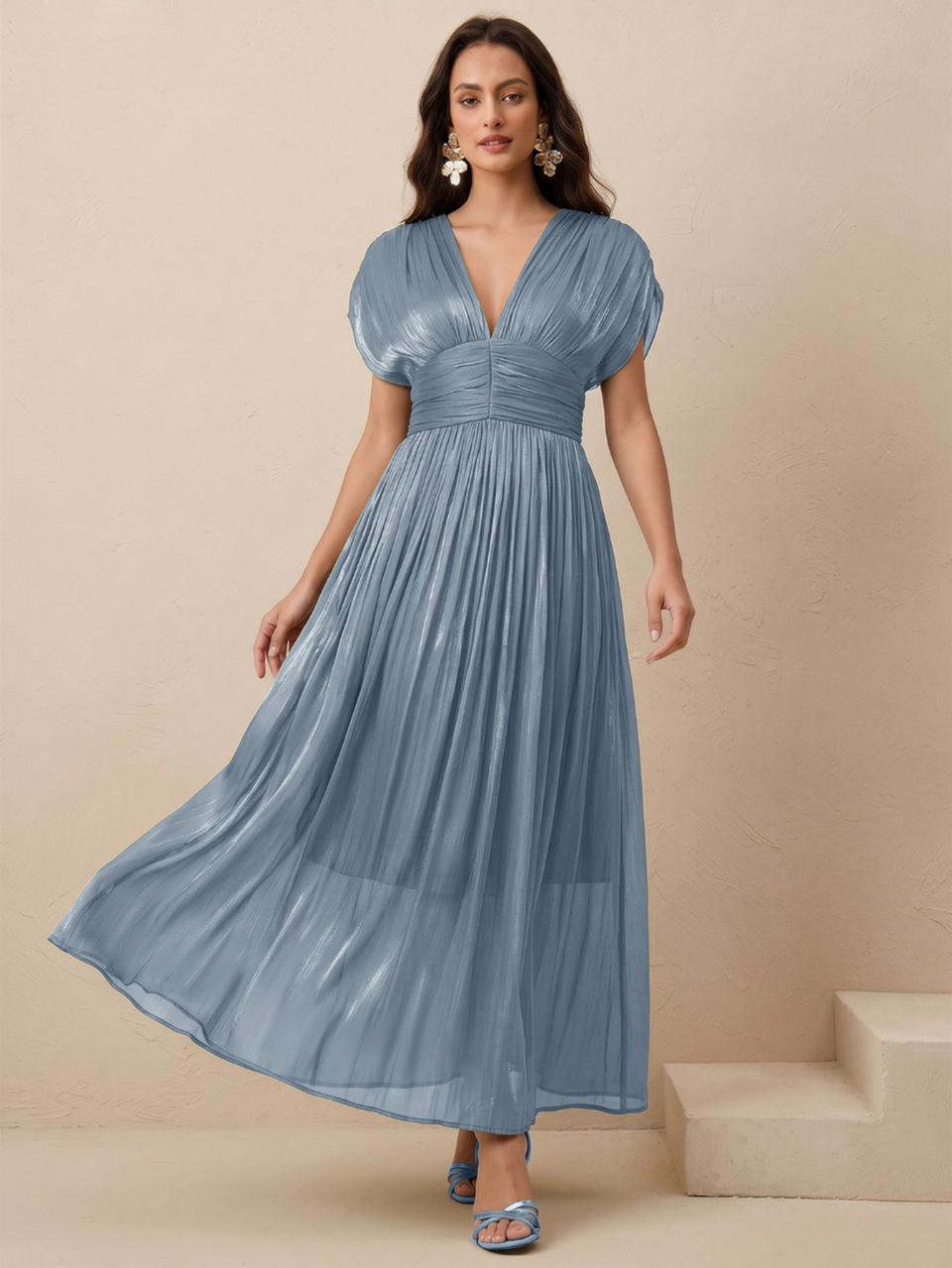 Women's New Spring/Summer Elegant Shiny Noble V-Neck Pleated Shoulder Strap Dress, Flattering Waist, Suitable For Party, Holiday, Gathering