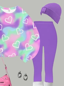 Tween女孩休閒極簡甜美可愛波點愛心漸層紮染紫色圓領長袖衛衣＋內搭褲兩件套，適合秋冬，舒適秋冬風格，情人節，Kawaii，Chill，Y2K - 彩色 - 查看 5