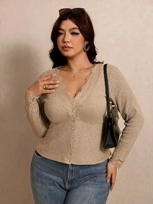 Elaquor Plus Size Autumn Casual Solid Color Front Button T-Shirt Fall - Brown - View 4