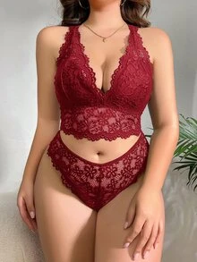 SHEIN 大尺碼女款花卉蕾絲露背仿珍珠裝飾內衣套裝 - 酒紅色 - 查看 2