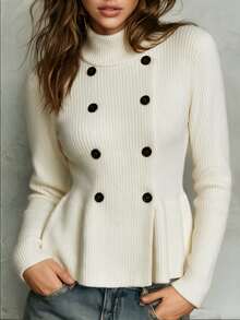SHEIN Christmas Snowflake Jacquard Turtleneck Sweater Petal Sleeve Red Knit Pullover - Beige - View 7