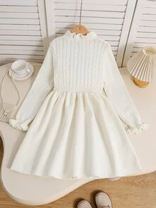 SHEIN 女童秋冬休閒保暖內裡加厚毛絨對比色蝴蝶結領荷葉邊長袖拼接喇叭下擺洋裝，奶油白兒童針織洋裝，女童針織洋裝 - 杏色 - 查看 2