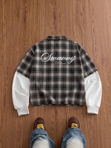SWAVVY 男士格紋拼接二合一襯衫 - 黑色 - 查看 1