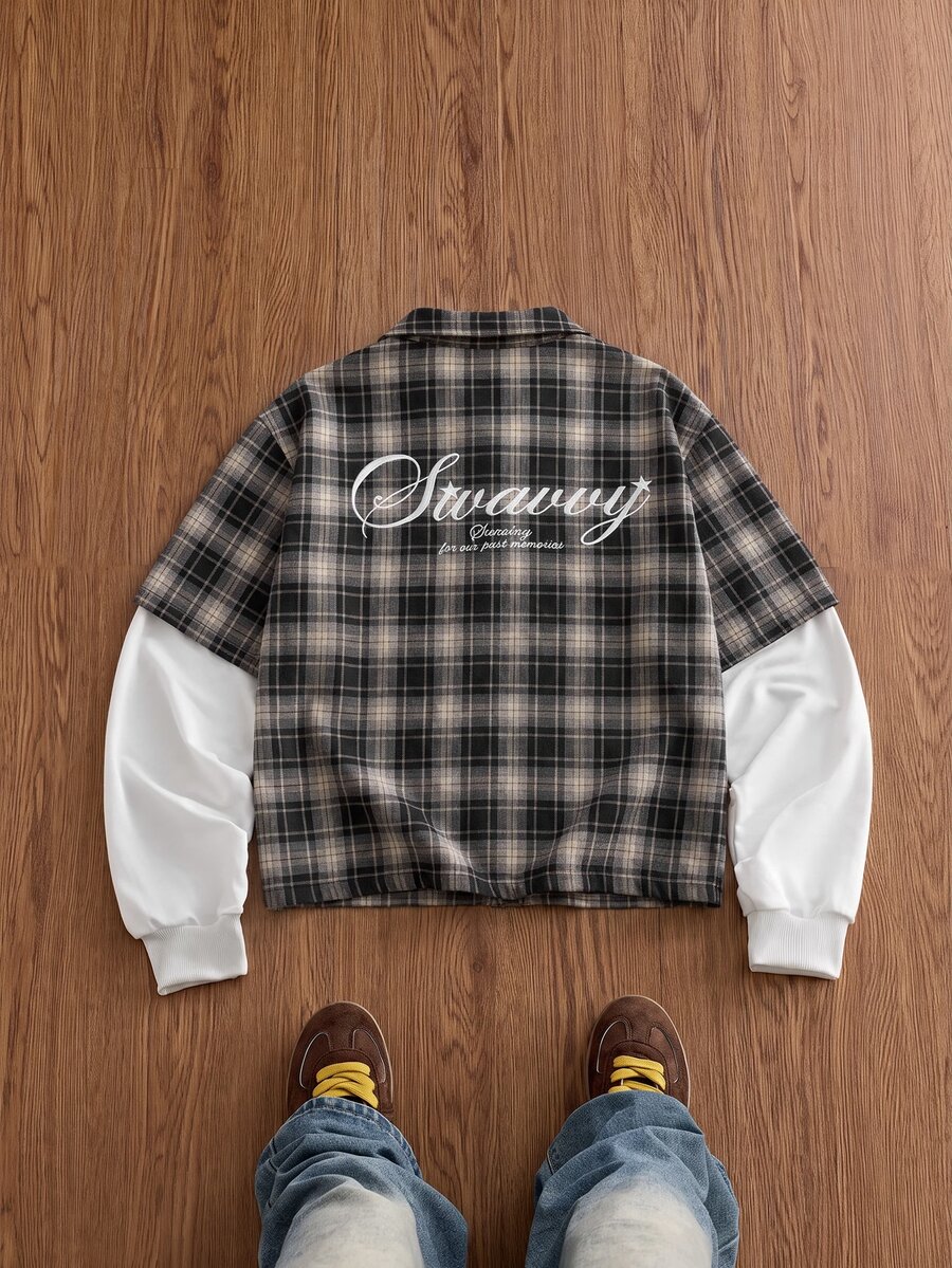 SWAVVY 男士格紋拼接二合一襯衫 - 黑色 - 查看 1