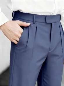Manfinity Hypemode 男士純色百褶口袋休閒百搭西裝長褲 - 霧霾藍 - 查看 4