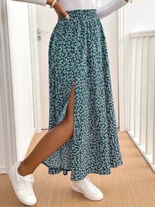 SHEIN Frenchy 女款碎花荷葉邊開衩中長裙 - 綠色 - 查看 3