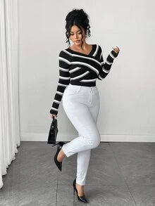 SHEIN Elenzya Plus Size Colorblock Striped Criss-Cross Wrap Sweater - Black - View 4