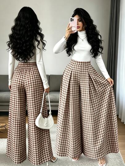 Elenzga Vintage Coffee & White Fine Plaid Mid-Waist Wide Leg Pants, Draped Slimming Commuter Versatile Loose Pleated Casual Suit Trousers For Women
