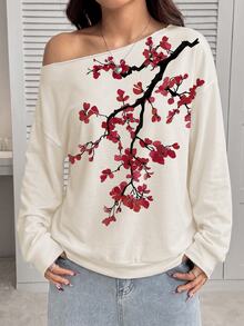 SHEIN EZwear 女款時尚不對稱肩花卉印花休閒衛衣，適合度假穿著 - 彩色 - 查看 3