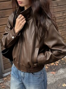 SHEIN Elladie kids 女童寬鬆黑色時尚街頭 PU 皮革長袖輕便夾克 - 棕色 - 查看 5