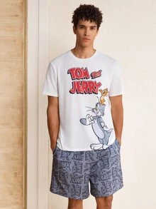 TOM & JERRY X SHEIN Men's Cartoon Print Short Sleeve T-Shirt And Pocket Shorts Set - White - View 3