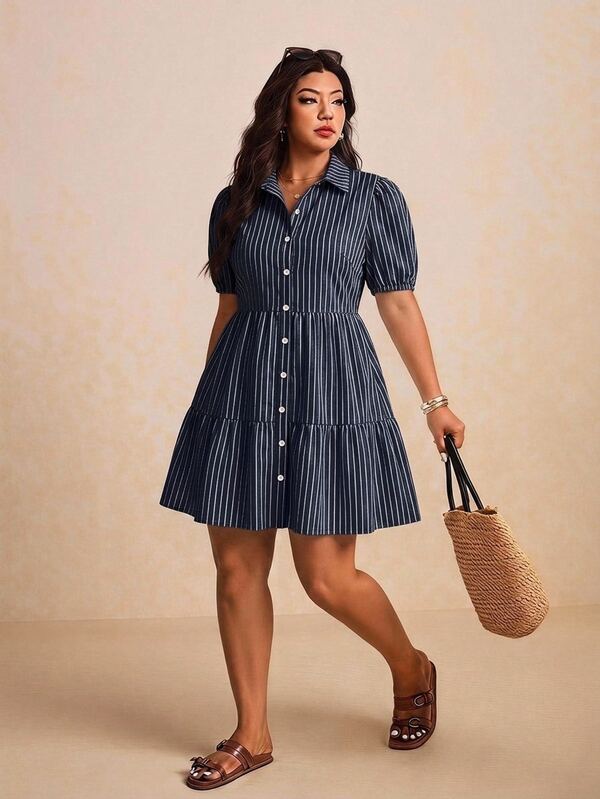 SHEIN Essnce Plus Size Women's Striped Pleated Casual Everyday Summer Dress