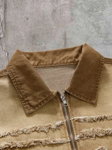 AXEPEAK Men's Brand Khaki Zipper Applique Embroidered Long Sleeve Top - Brown - View 4
