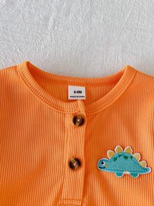 SHEIN Playful Pals 2件組幼兒男童亨利領上衣褲套裝，可愛橘色白色恐龍印花羅紋長袖圓領生日秋季假期連身衣毛衣，鬆緊腰 - 橘色 - 查看 8
