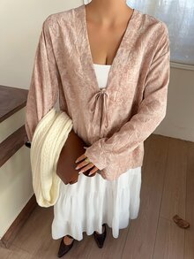 Dazy Plus Commuter Summer Autumn V-Neck Tie-Up Embroidered Fabric Pink Loose Regular Fit Jacket - Pink - View 2