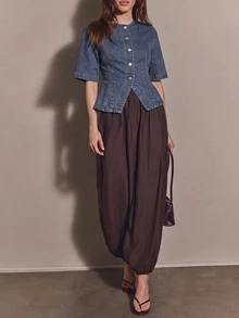 COSMINA Denim Women's Casual Commute Waist-Cinching Denim Top - Dusty Blue - View 1