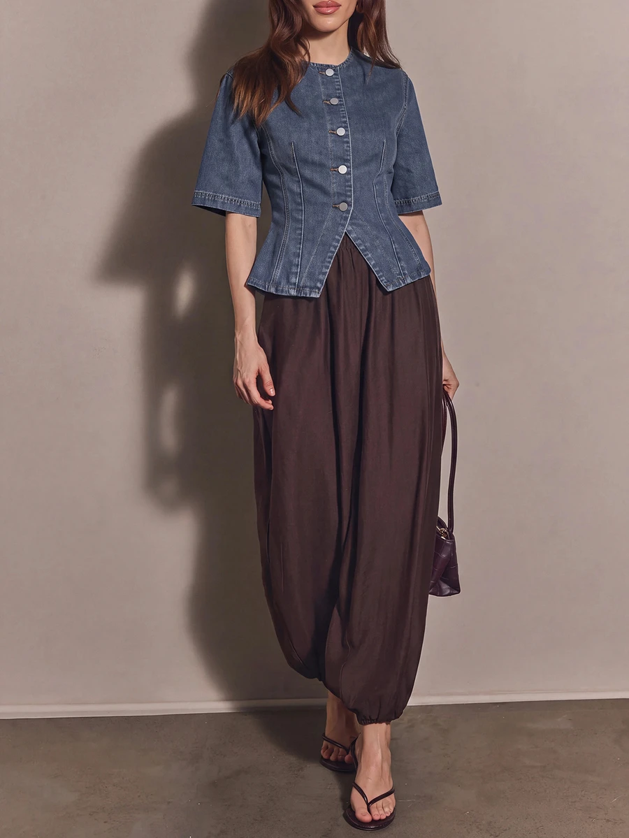 COSMINA Denim Women's Casual Commute Waist-Cinching Denim Top - Dusty Blue - View 1