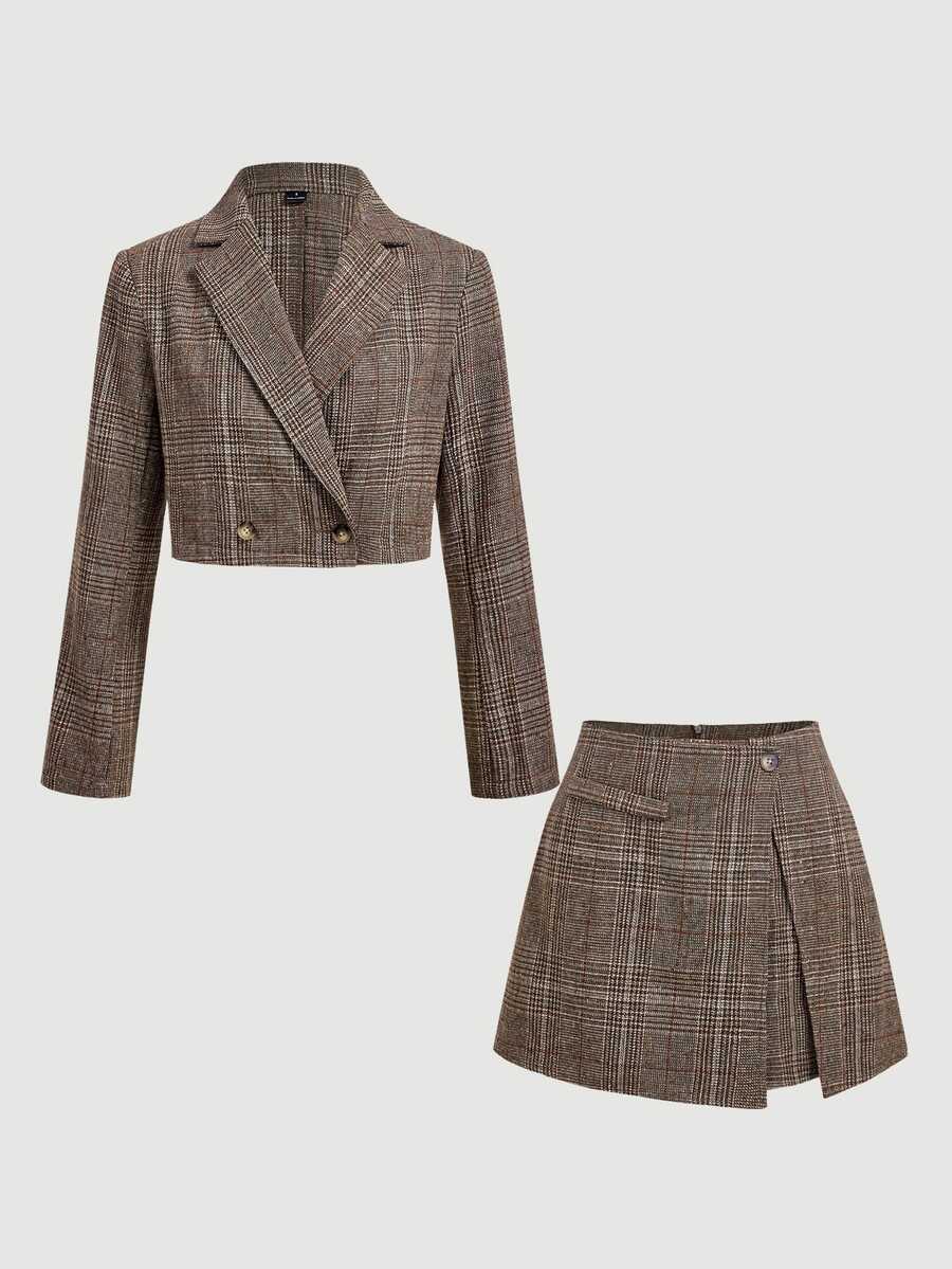 SHEIN MOD Vintage Plaid Cropped Blazer & Asymmetrical Shorts Suit Set - Multicolor - View 1